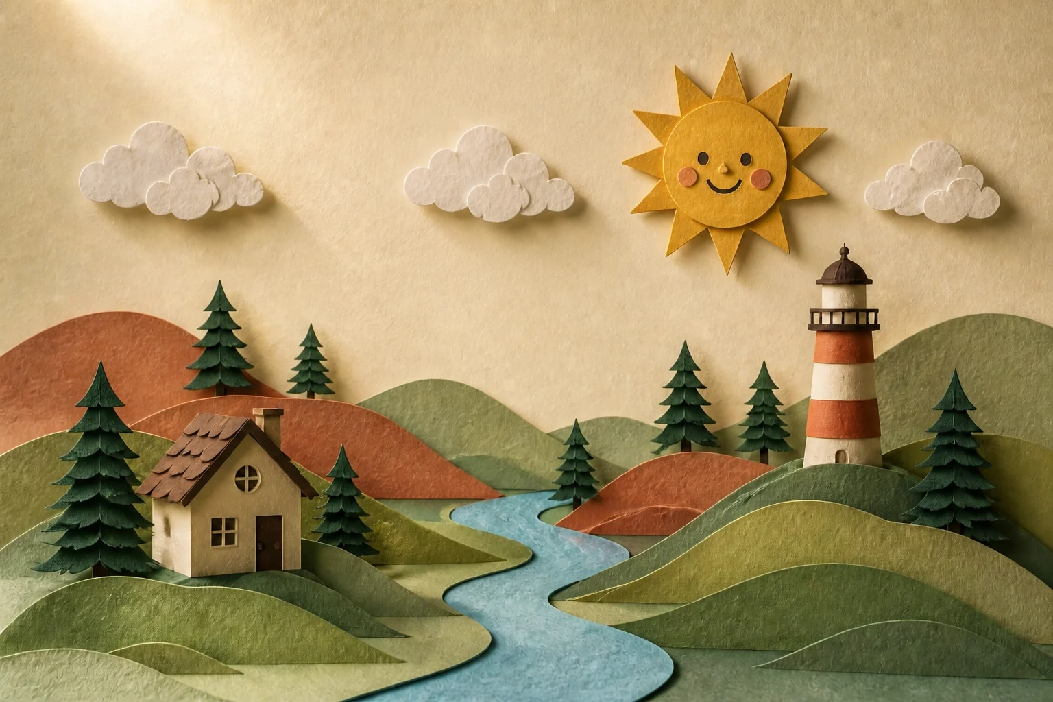A child's imagined world, made of cut paper: hills, a river, a little cottage and lighthouse, with the sun in the sky